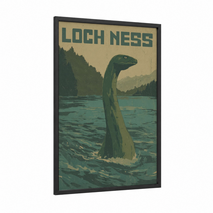 Loch Ness Mystery framed loch ness monster print — black wood frame — teal and sage green palette