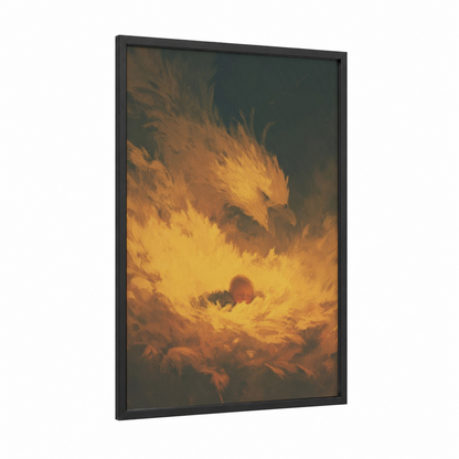 Golden Phoenix Nest framed kids magic and fantasy print — black wood frame — gold and dark green palette