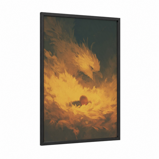 Golden Phoenix Nest framed kids magic and fantasy print — black wood frame — gold and dark green palette