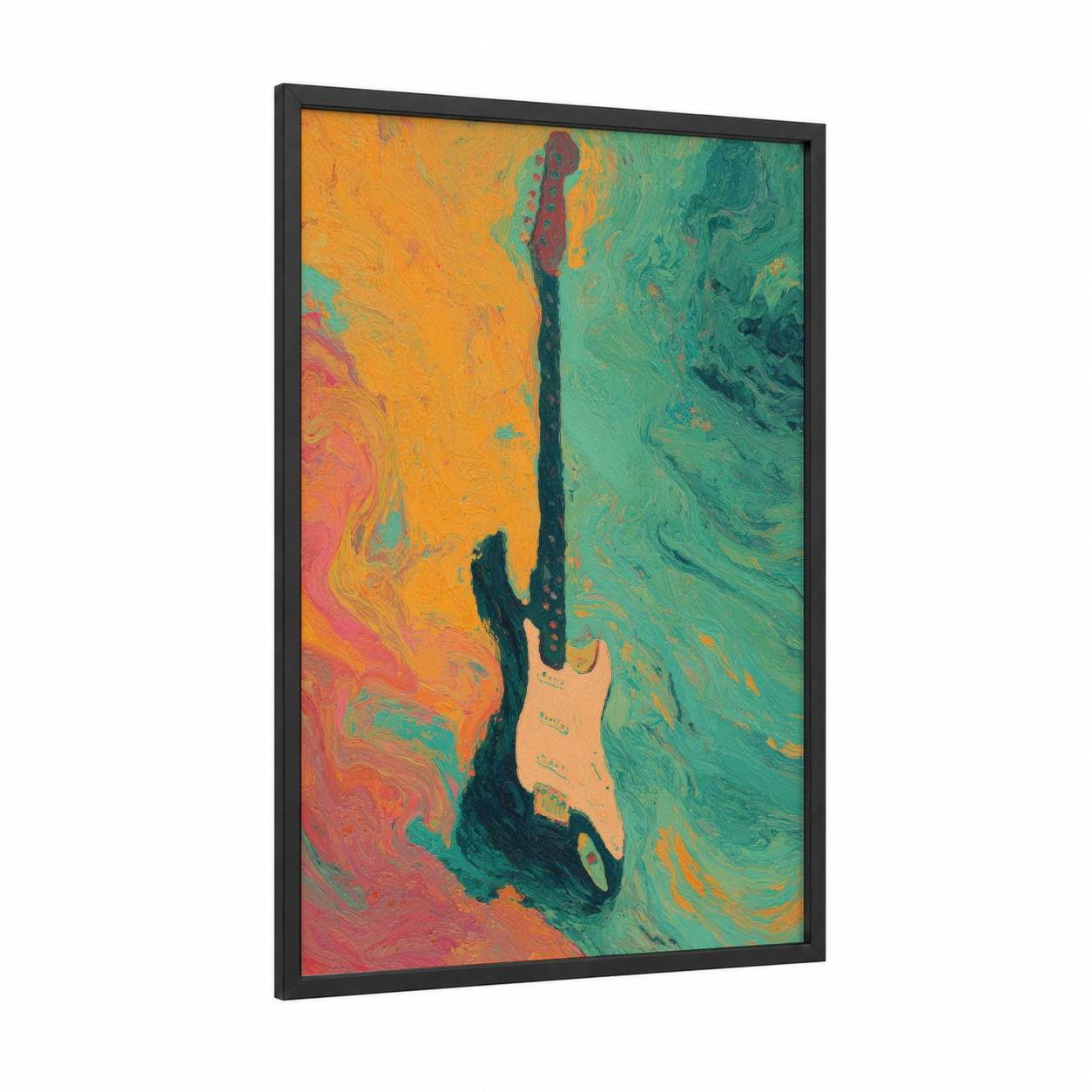Colorful Electric Guitar framed art print — black wood frame — gold and teal palette