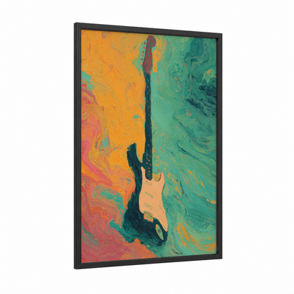 Colorful Electric Guitar framed art print — black wood frame — gold and teal palette