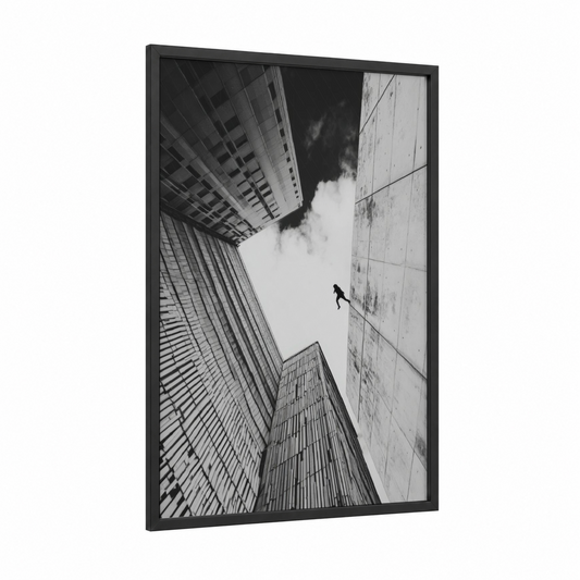 Urban Ascent framed abstract architecture print — black wood frame — black and white and gray palette