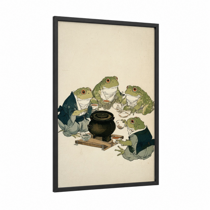 Whimsical Frog Tea framed frogs and toads print — black wood frame — green and cream palette