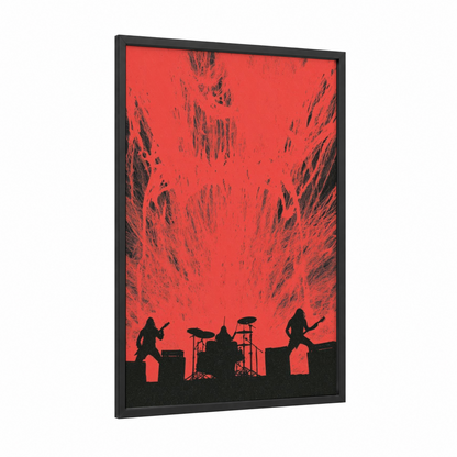 Crimson Stage Fury framed death metal print — black wood frame — red and black palette