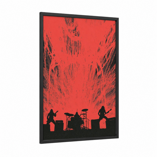 Crimson Stage Fury framed death metal print — black wood frame — red and black palette
