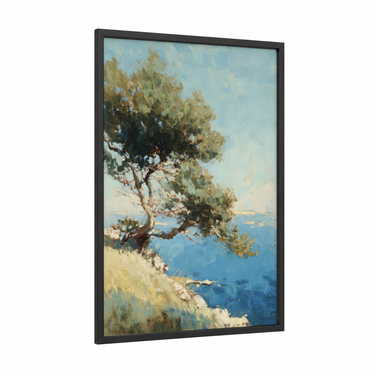 Coastal Juniper framed juniper tree print — black wood frame — blue and gold palette