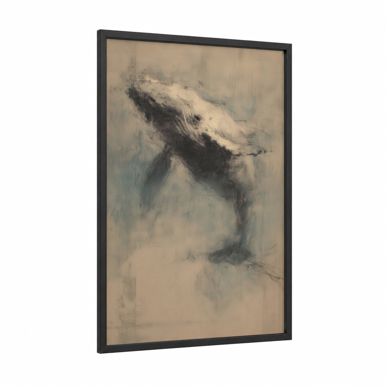 Ascending Whale framed blue whale print — black wood frame — gray and white and dove gray palette