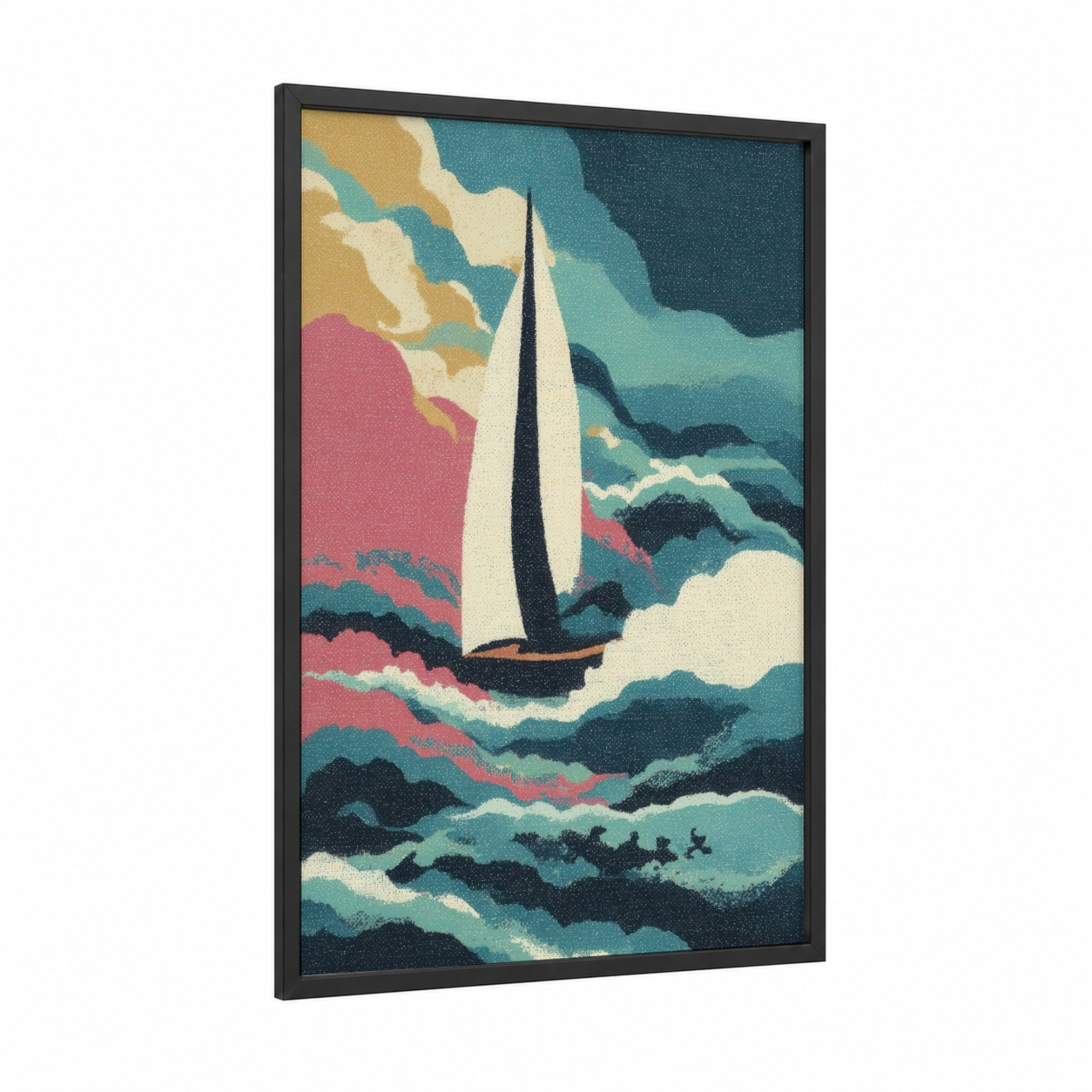 Crimson Sailboat framed sailing ship print — black wood frame — teal and salmon pink palette
