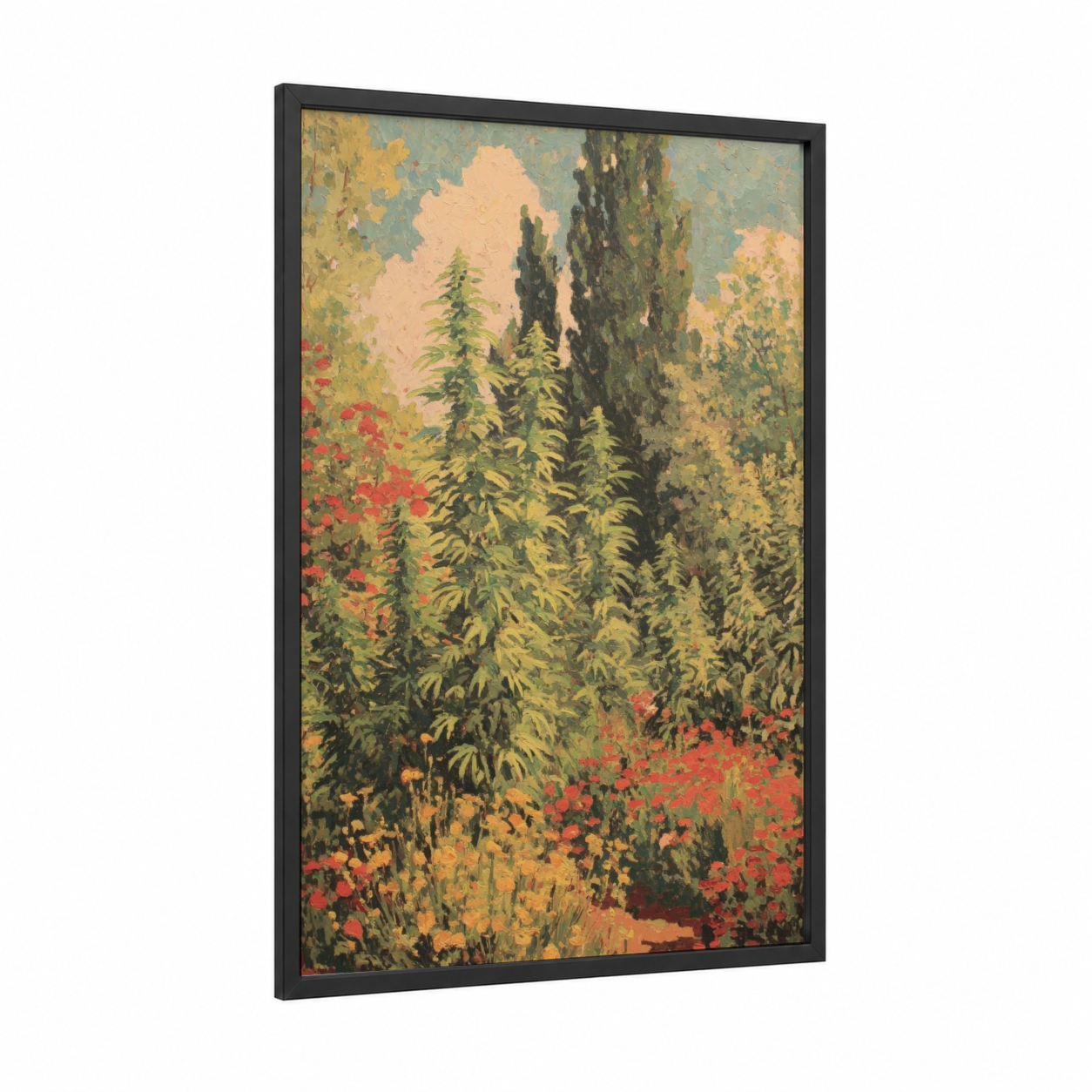 Botanical Cannabis Garden framed art print — black wood frame — green and gold palette
