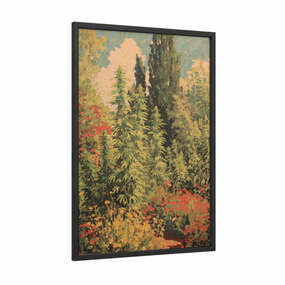 Botanical Cannabis Garden framed art print — black wood frame — green and gold palette