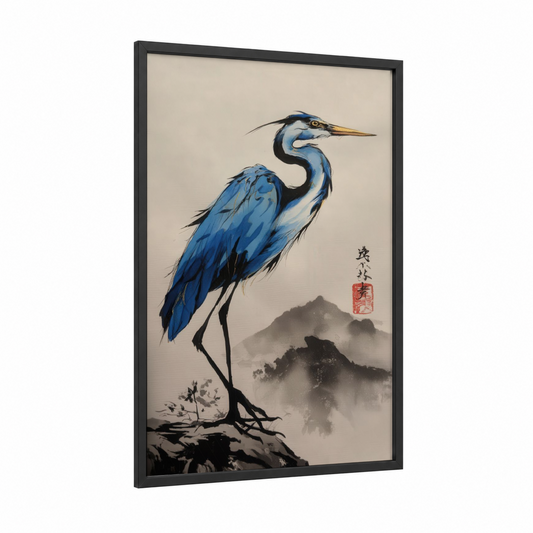 Blue Heron Mist framed art print — black wood frame — blue and cream palette
