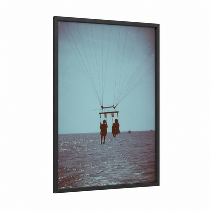 Floating Dreams Parasail framed parasailing print — black wood frame — blue and brown palette