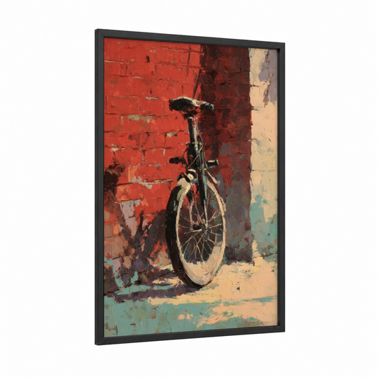 Urban Unicycle framed art print — black wood frame — red and cream palette