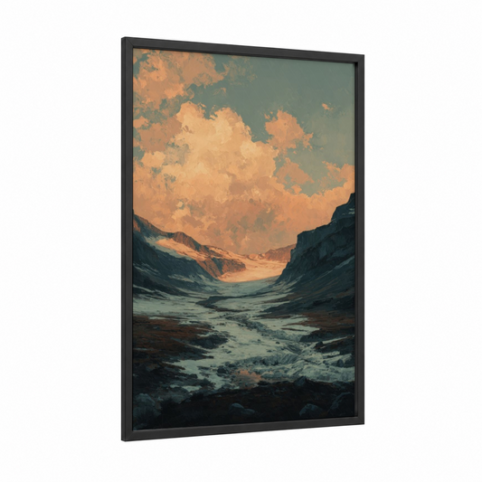 Golden Glacier Valley framed art print — black wood frame — peach and dove gray palette