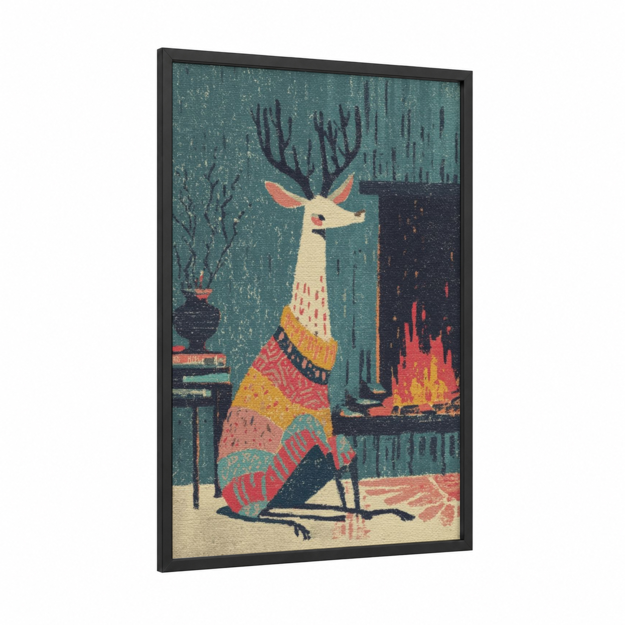Festive Reindeer framed art print — black wood frame — teal and gold palette