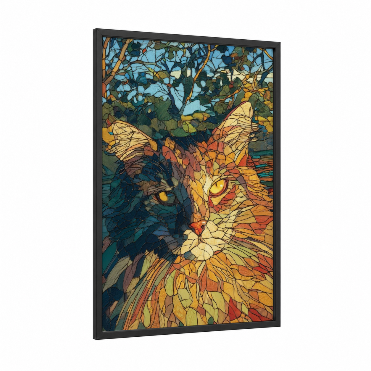 Golden Garden Cat framed art print — black wood frame — gold and teal palette