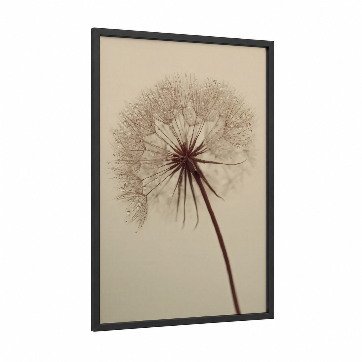 Delicate Dandelion framed art print — black wood frame — beige and russet palette
