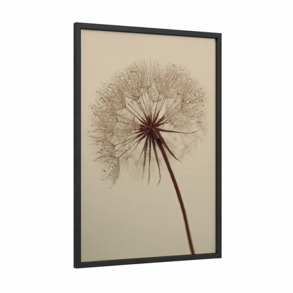 Delicate Dandelion framed art print — black wood frame — beige and russet palette