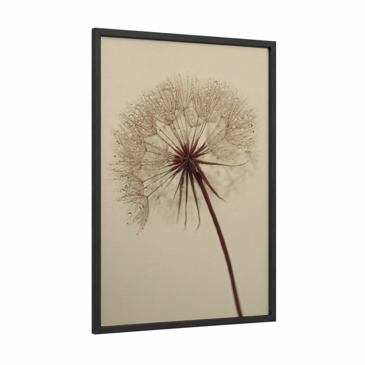 Delicate Dandelion framed art print — black wood frame — beige and russet palette