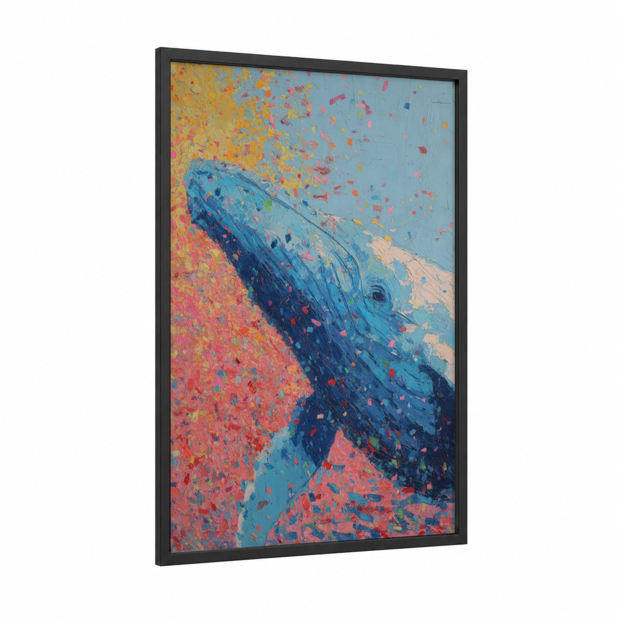 Colorful Whale framed blue whale print — black wood frame — blue and orange palette