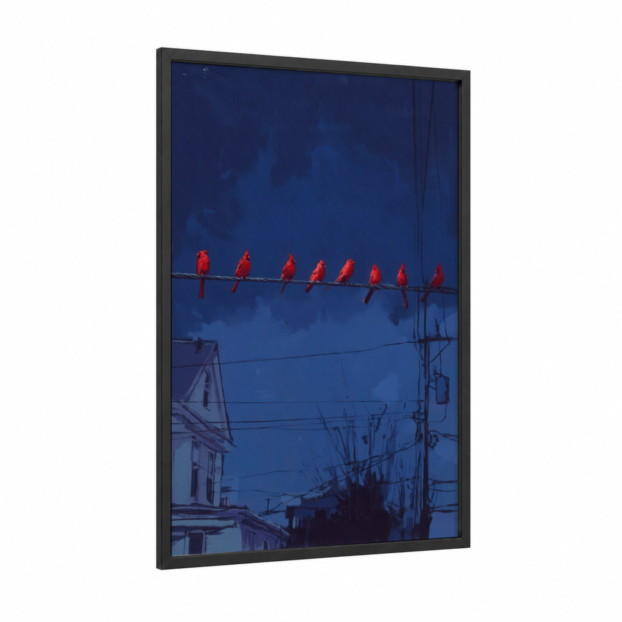 Red Cardinals Wire framed art print — black wood frame — blue and red palette