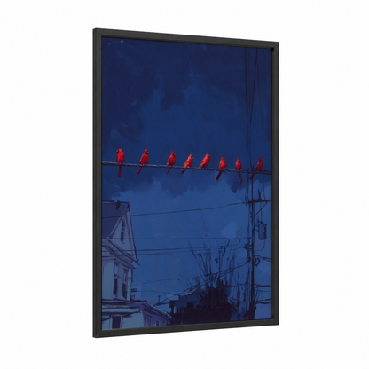 Red Cardinals Wire framed art print — black wood frame — blue and red palette