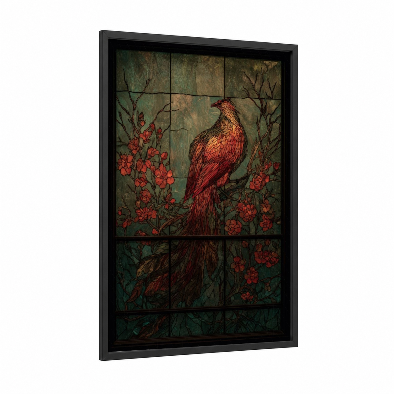 Crimson Phoenix framed art print — black wood frame — red and dark green palette