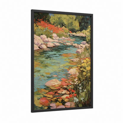 Vibrant River Garden framed rivers print — black wood frame — teal and red palette