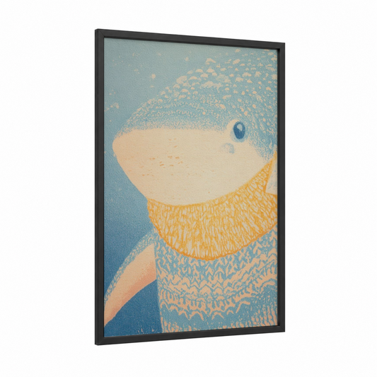 Gentle Whale Shark framed art print — black wood frame — blue and cream palette