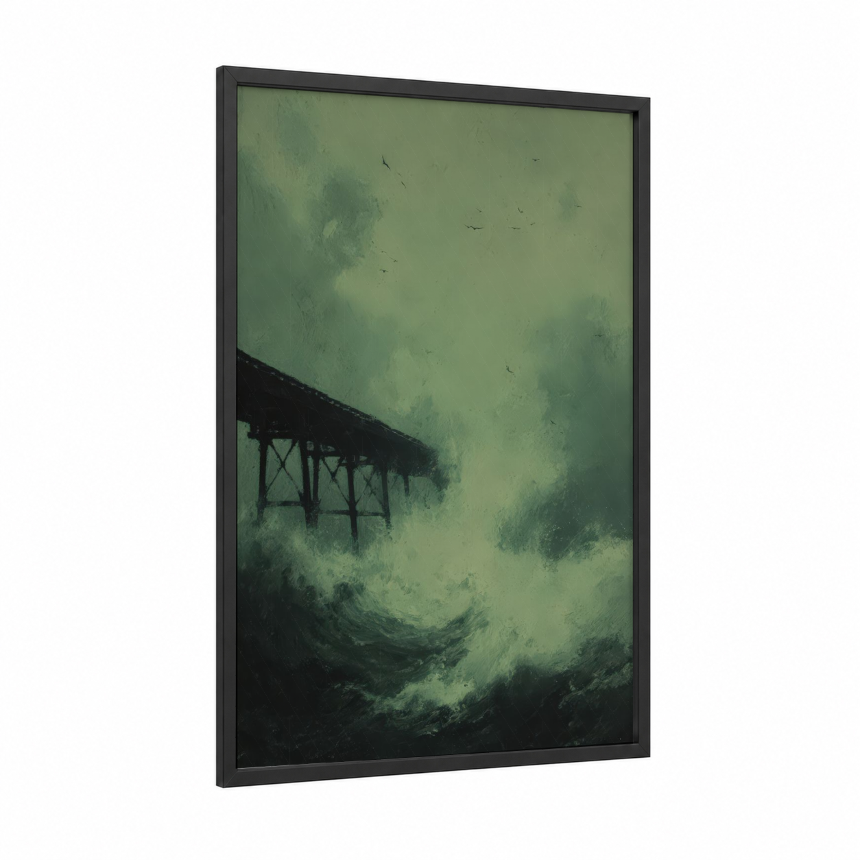 Stormy Pier framed docks and piers print — black wood frame — sage green and black palette