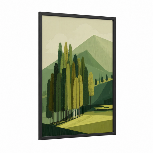 Cypress Valley framed green field print — black wood frame — light green and yellow gold palette