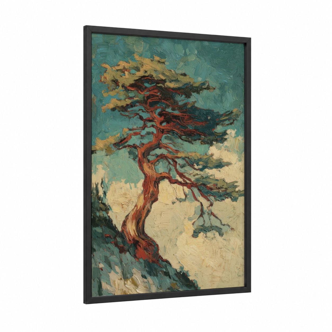 Windswept Cedar framed cedar tree print — black wood frame — teal and gold palette