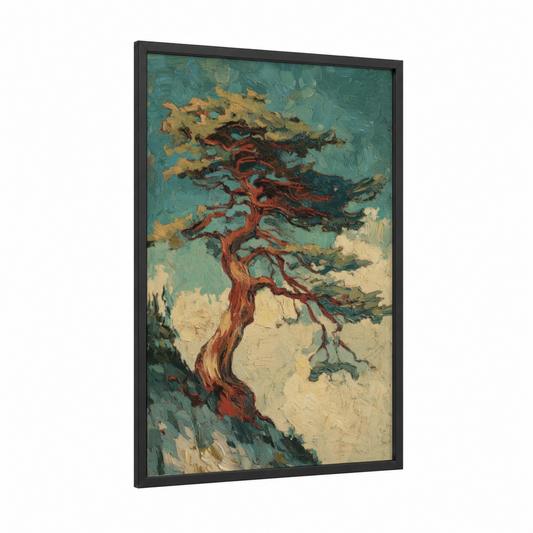 Windswept Cedar framed cedar tree print — black wood frame — teal and gold palette