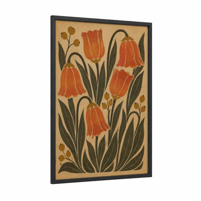 Vintage Tulip Botanical Wall Art framed flower print — black wood frame — orange and beige palette