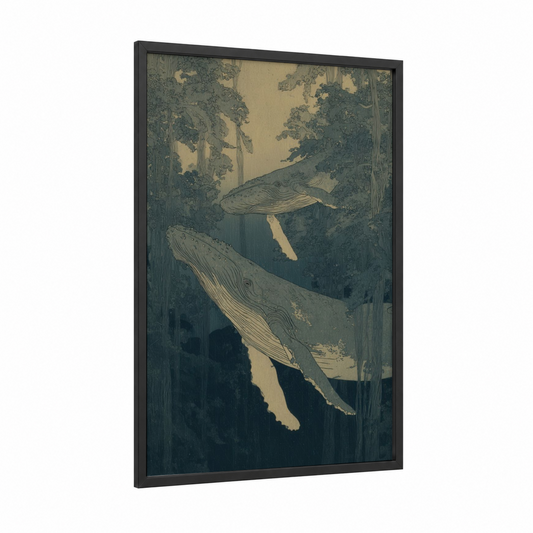 Forest Whales framed humpback whale print — black wood frame — sage green and cream palette