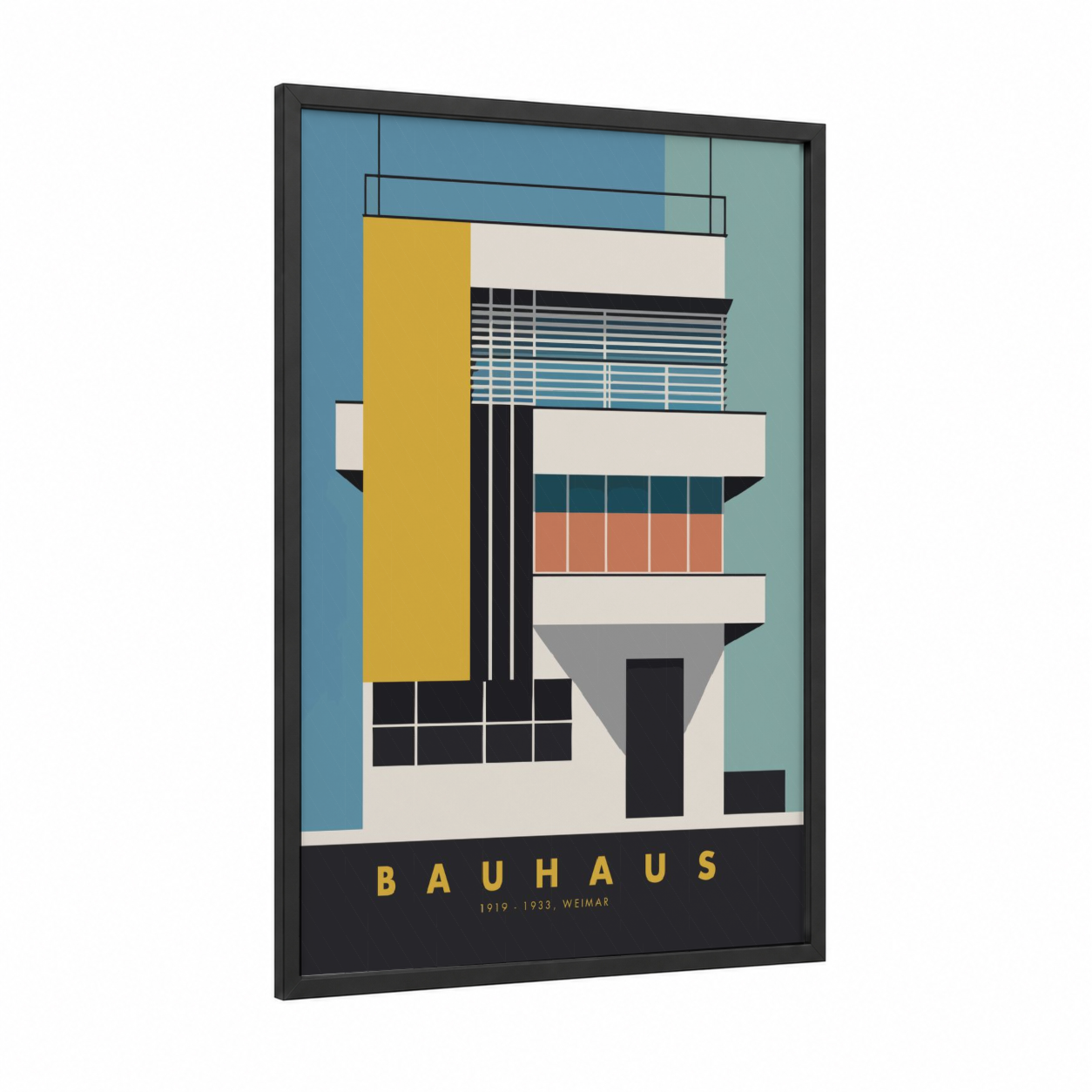Bauhaus Composition framed abstract architecture print — black wood frame — mustard and black and white palette