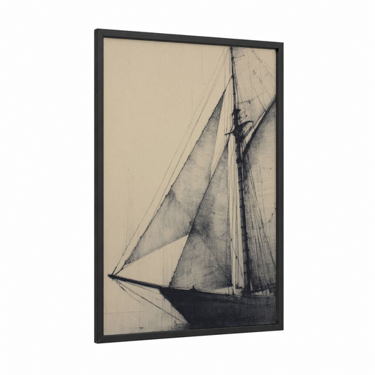 Classic Sailing Vessel framed art print — black wood frame — black and white and cream palette