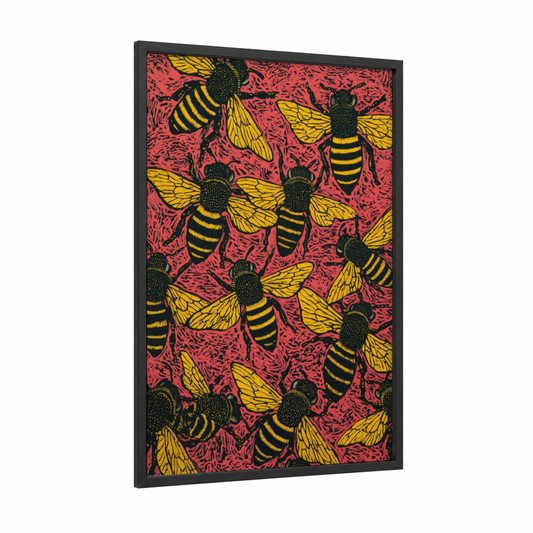 Golden Bee Swarm framed art print — black wood frame — yellow gold and red palette