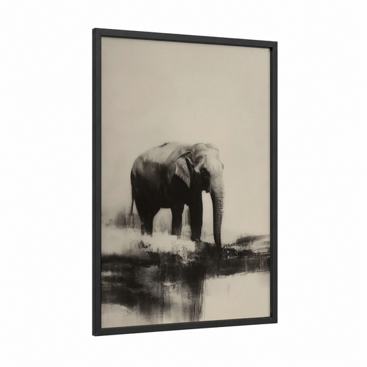 Misty Elephant framed asian elephant print — black wood frame — black and white and gray palette
