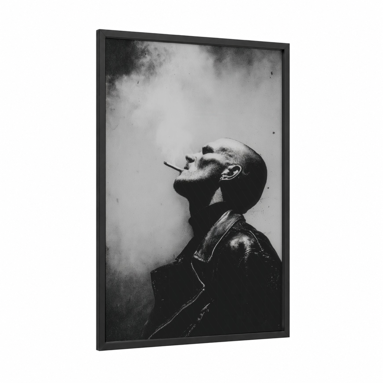 Contemplative Smoke framed art print — black wood frame — black and white palette