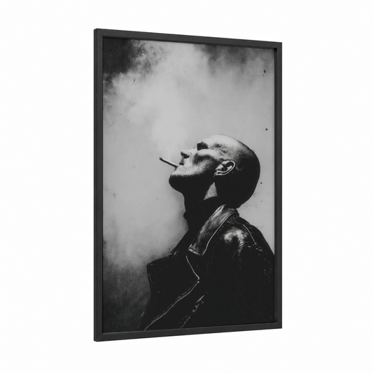 Contemplative Smoke framed art print — black wood frame — black and white palette