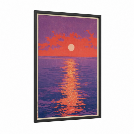 Crimson Sunset Reflection framed the sun print — black wood frame — orange and purple palette