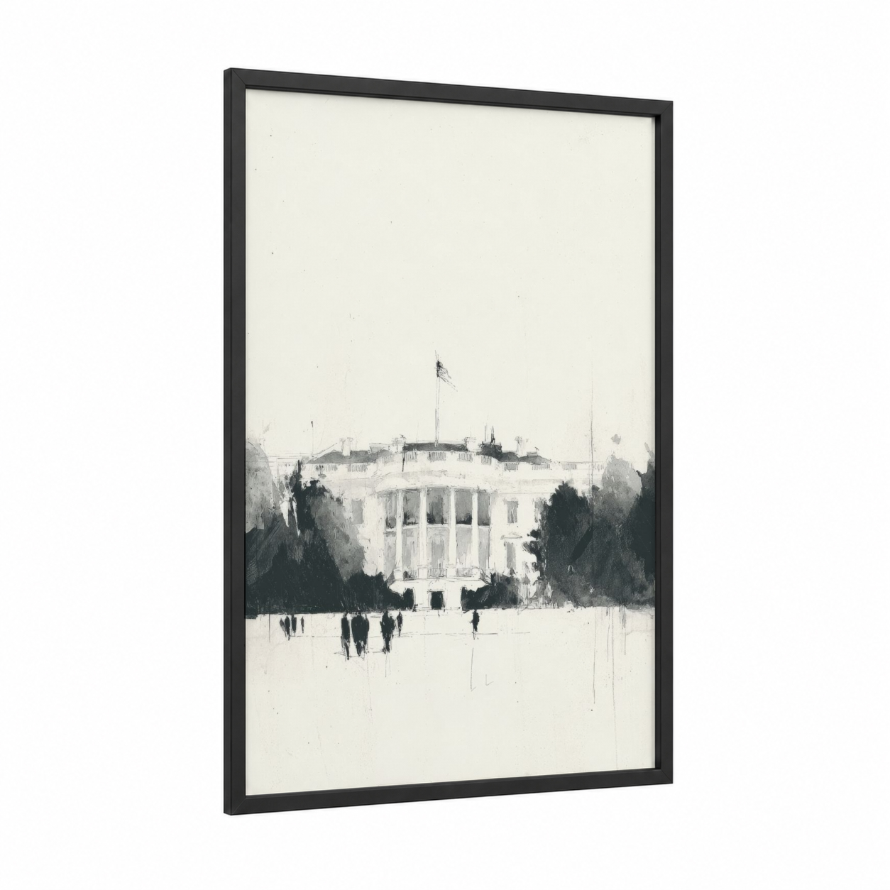 Iconic White House framed art print — black wood frame — gray and white and black and white palette