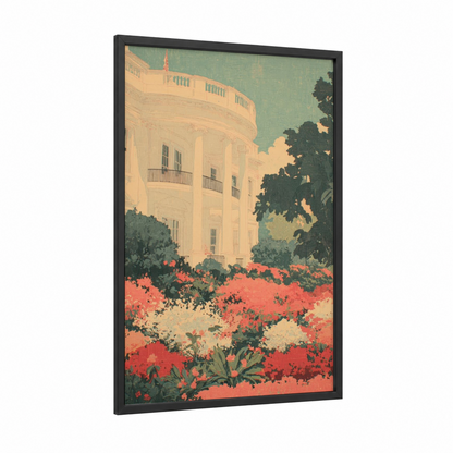 Crimson White House framed art print — black wood frame — gold and red palette