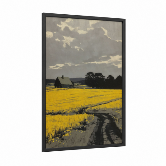 Golden Harvest Farm framed various landscapes print — black wood frame — yellow gold and gray palette