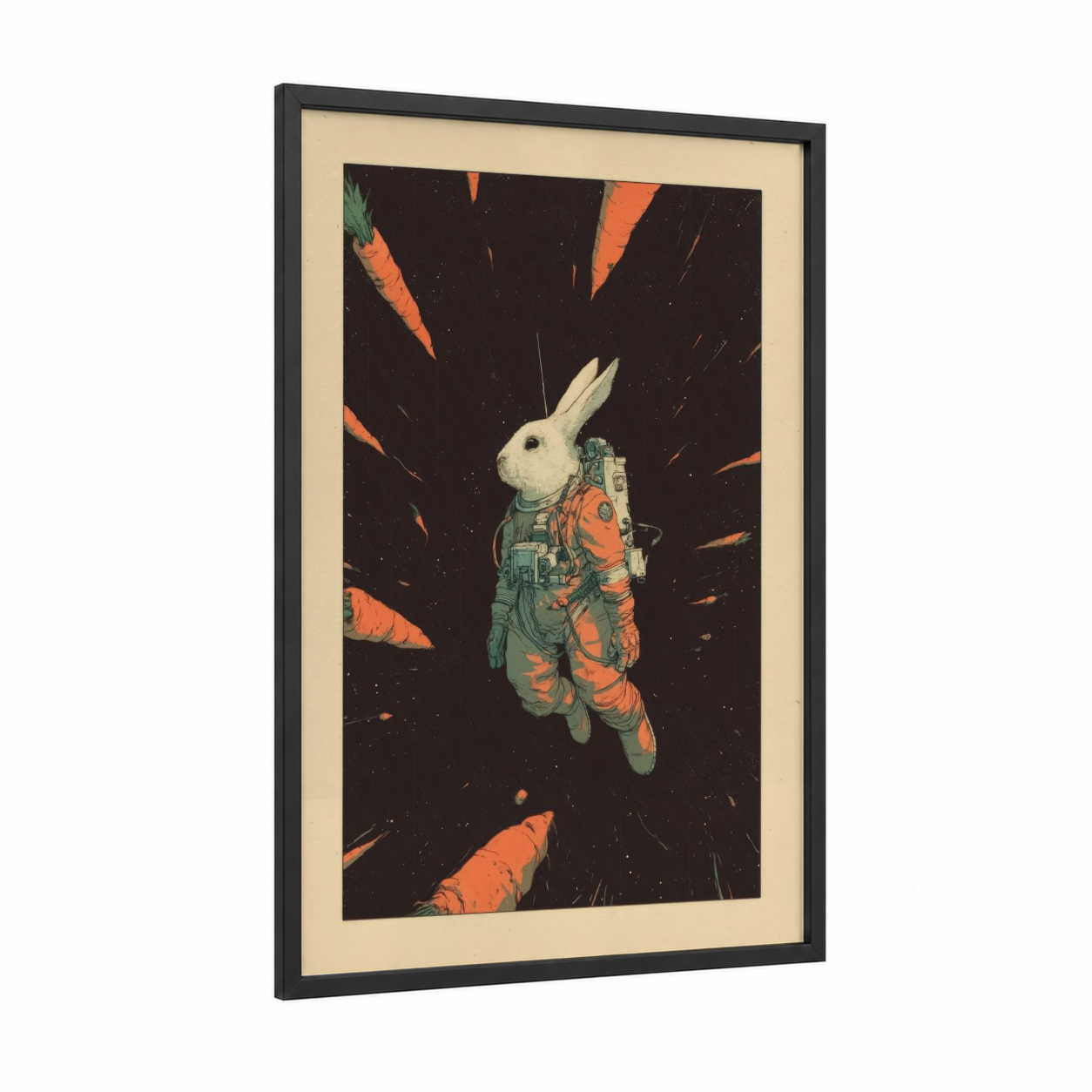 Astronaut Rabbit framed art print — black wood frame — orange and dark blue palette