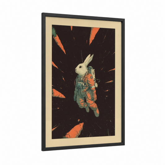 Astronaut Rabbit framed art print — black wood frame — orange and dark blue palette
