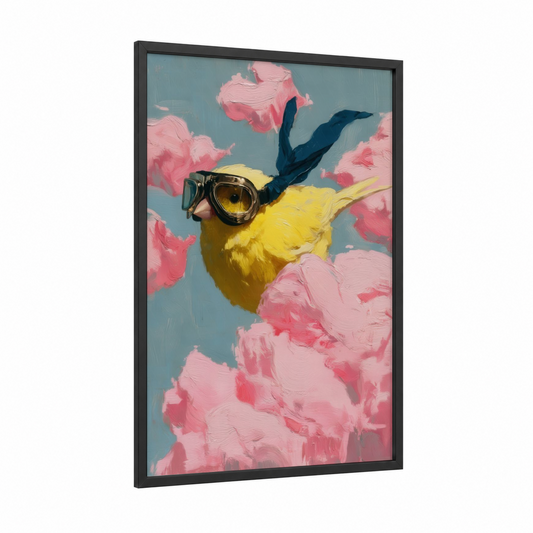 Aviator Canary framed canaries print — black wood frame — yellow and pink palette