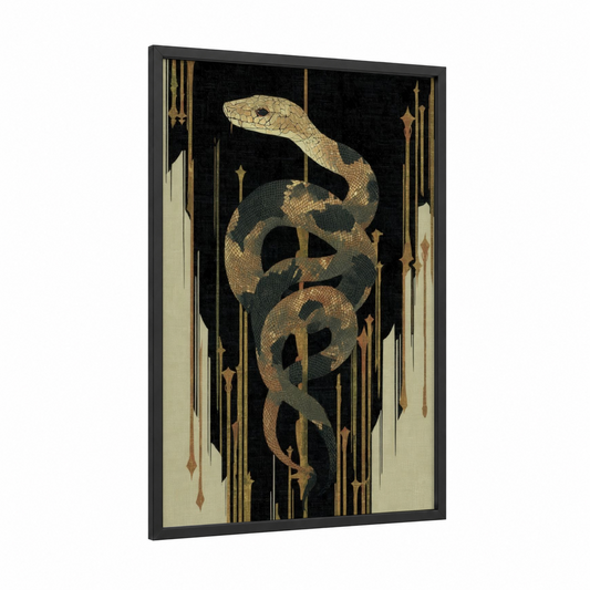 Golden Python framed art print — black wood frame — gold and black palette