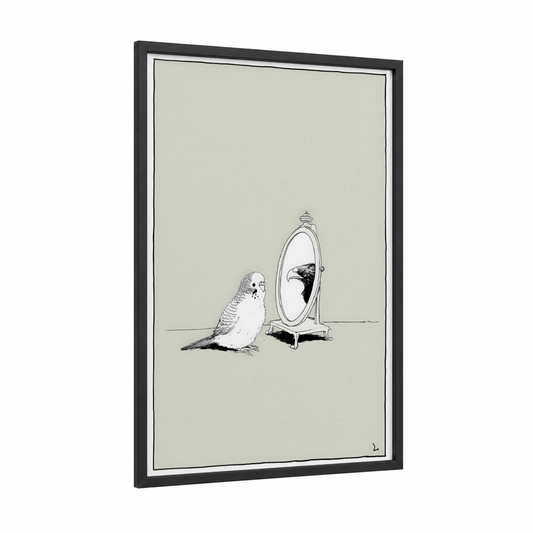 Mirror Budgerigar framed budgeridar print — black wood frame — black and white and cream palette